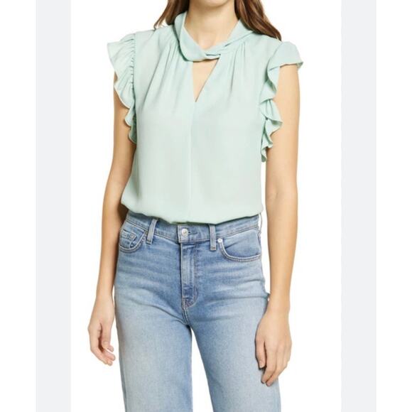 Halogen Twist Neck Sleeveless Top Womens S Mint Green Keyhole Ruffle Back Zipper - Picture 1 of 7